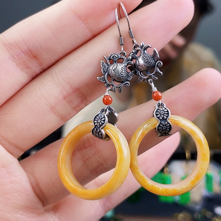 翡翠耳饰银S925镶嵌饰品