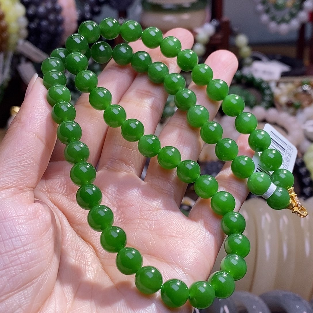 和田玉毕业级碧玉老矿料辣绿项链8m未镶嵌