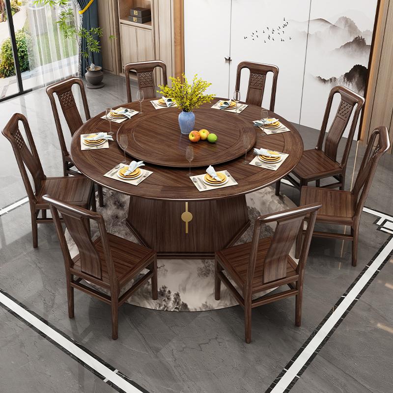 新古典乌金木大圆桌新中式实木家用餐桌椅组合客厅餐馆圆桌629#