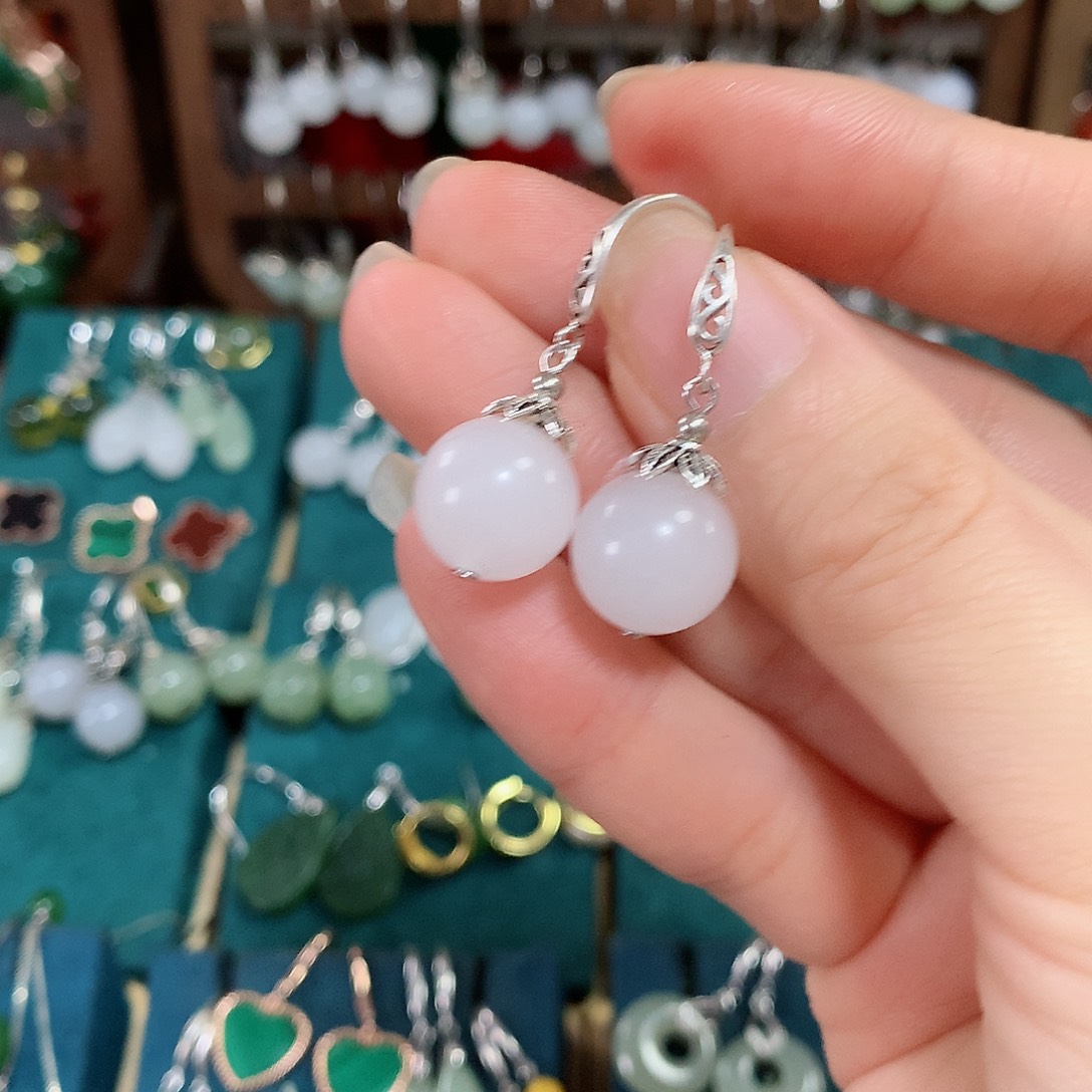 石英质玉耳环银S925镶嵌12mm
