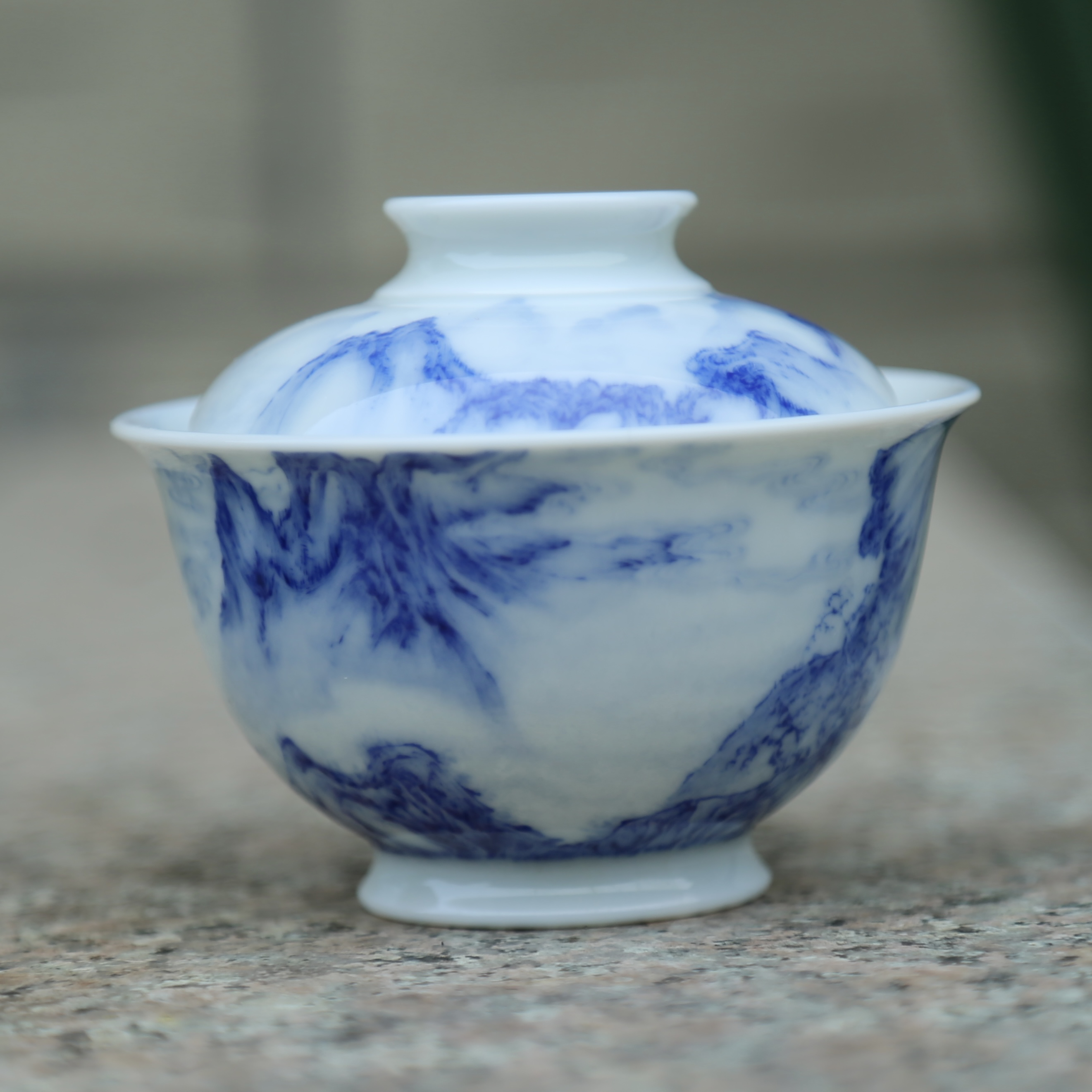 青花山水盖碗主泡器个人茶具茶周边陶瓷青花瓷复古中式釉下彩花纹