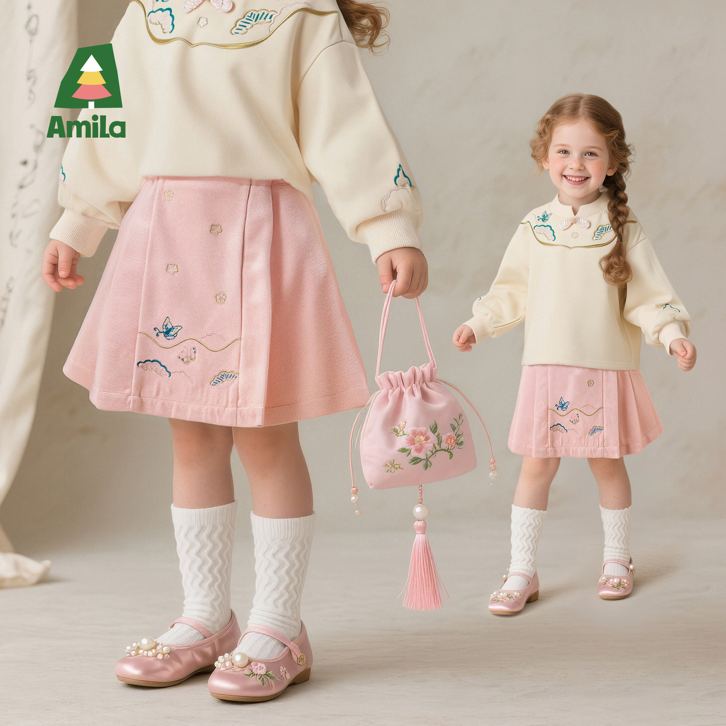 Amila啊咪啦2025秋季新款纯色印花女童半身裙XQ5DQ440