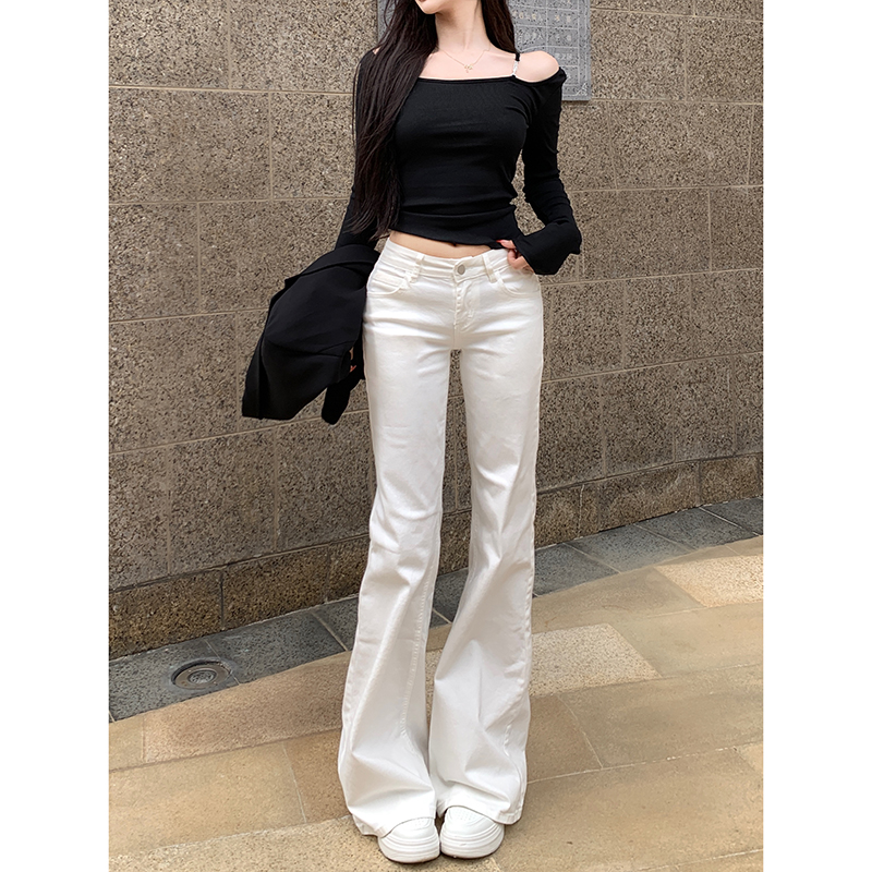 白色低腰不贴腿微喇牛仔裤女2025秋季新款气质通勤修身显瘦长裤