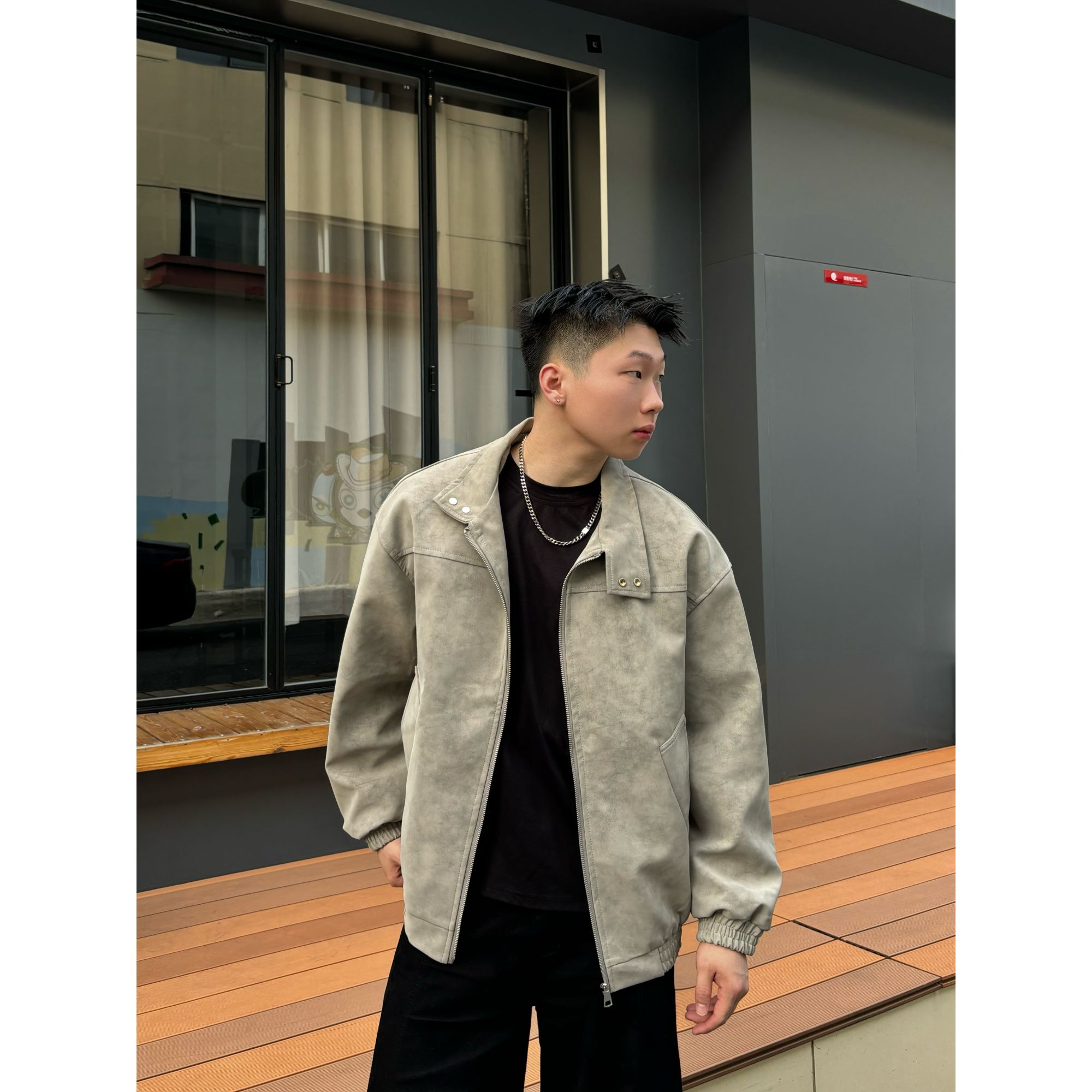 LIGGICC 春秋新款扎染美式复古立领皮衣雾面夹克宽松百搭情侣外套