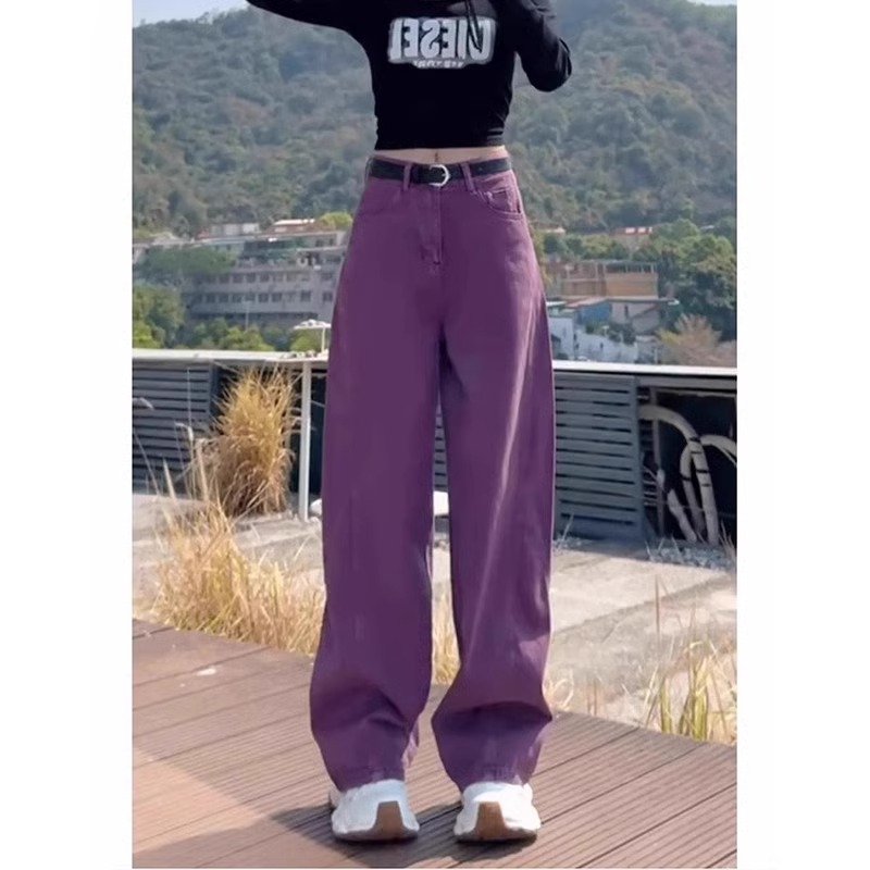 大码紫色弯刀牛仔裤女夏季胖mm梨形显瘦高腰直筒宽松拖地阔腿裤子