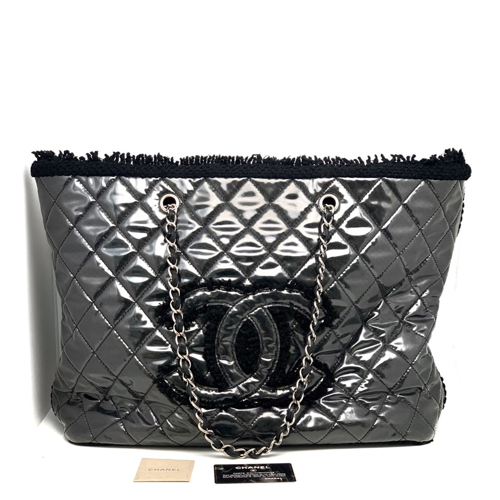 95新 Chanel/香奈儿 黑银pvc毛毛拼接链条大托特 机场大包