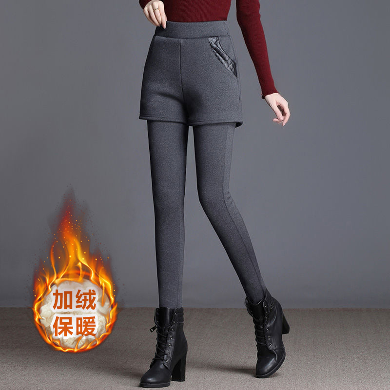 保暖羊羔绒假两件打底裤女秋冬高腰弹力休闲外穿保暖小脚裤子加厚
