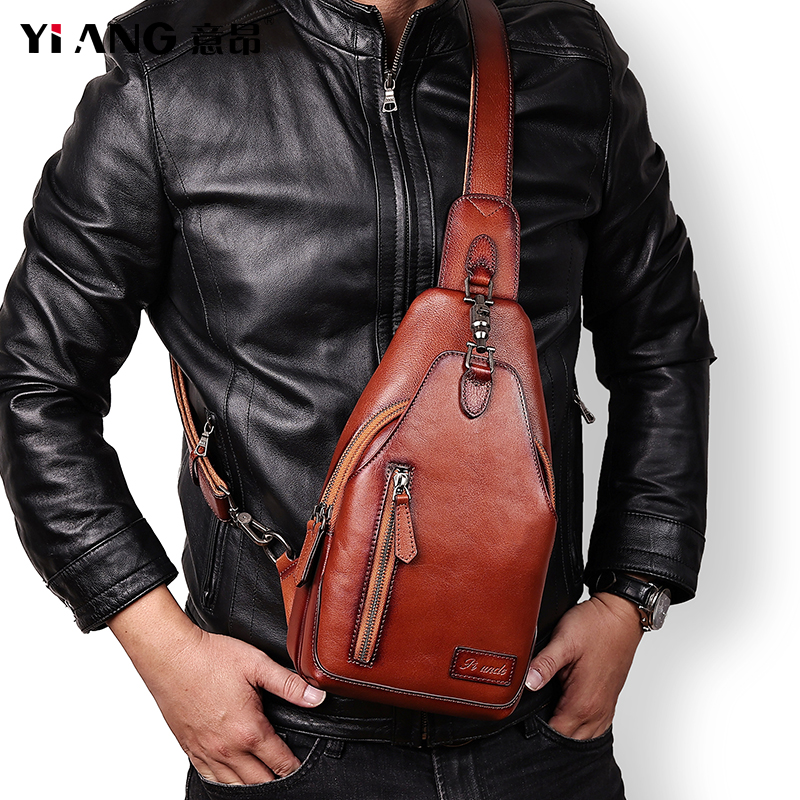 高档胸包男士真皮手工擦色复古纯皮时尚外出轻便多功能纯皮斜肩包