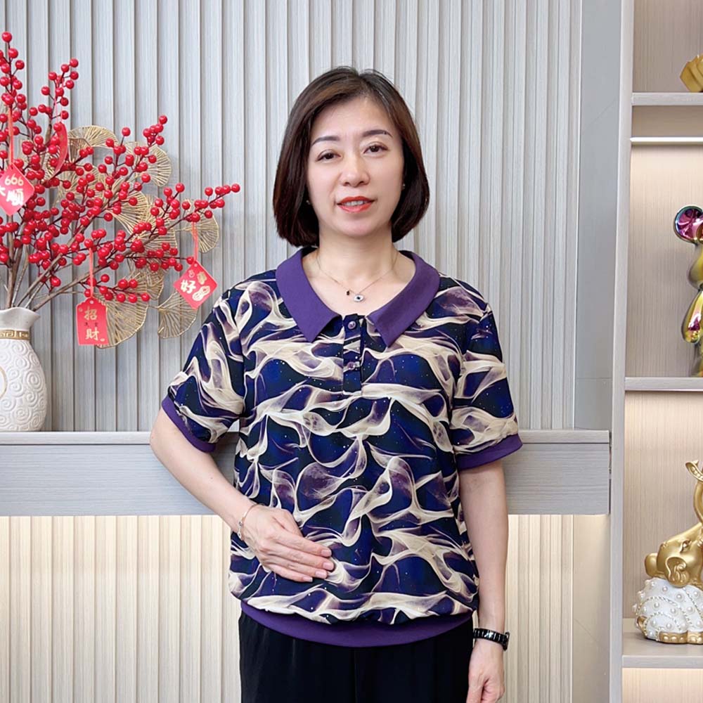 夏季新款时尚洋气休闲减龄大码显瘦翻领气质中老年妈妈装短袖上衣