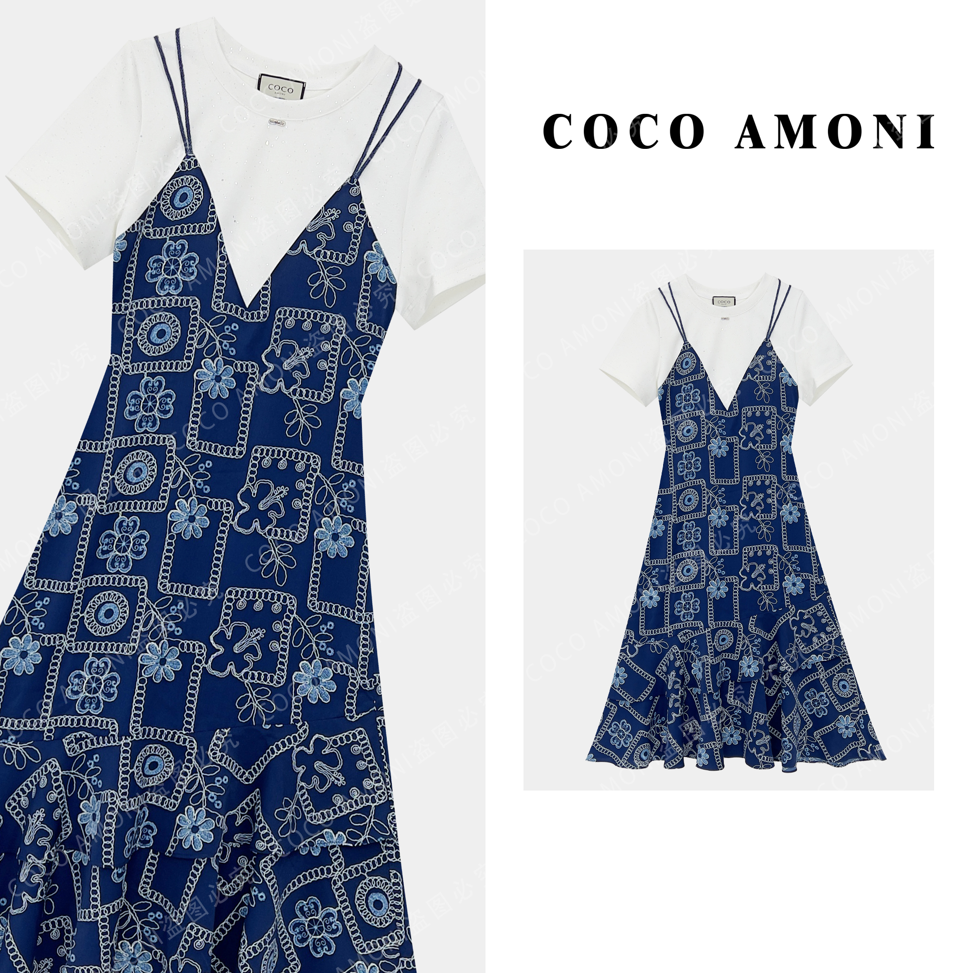 设计师新款高级感气质女装拼接重工假两件显瘦气质连衣裙ZC769