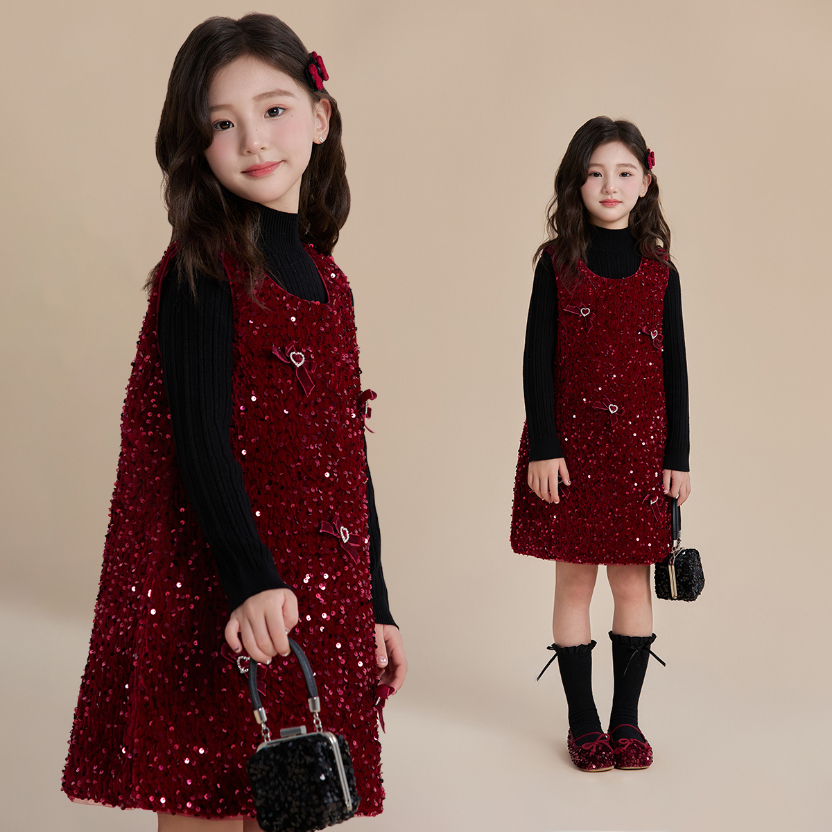 富罗迷童装冬新款甜美公主裙子闪片丝绒千金风背心连衣裙F5D2452L