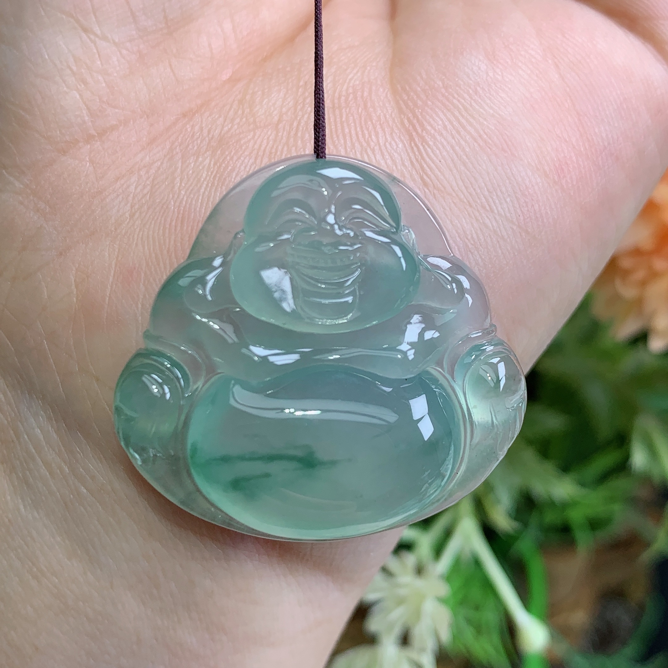 缅甸天然翡翠A货高冰起胶晴绿飘花佛公吊坠雪尺寸29.7×31.5×6.4mm