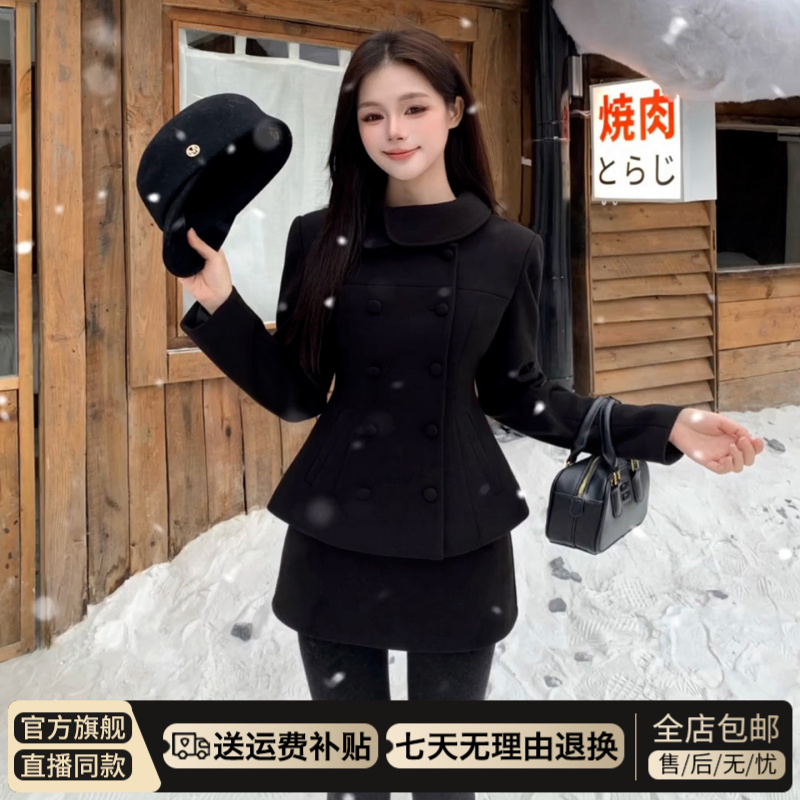 2025新款黑色毛呢收腰套装连衣裙子秋冬季小个子香风厚黑穿搭短裙