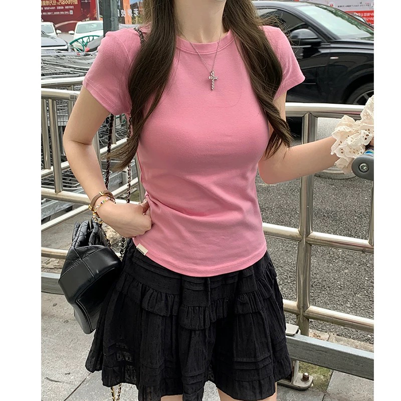 【葡萄家】大码辣妹正肩短袖T恤洋气减龄修身显瘦辣妹纯欲上衣