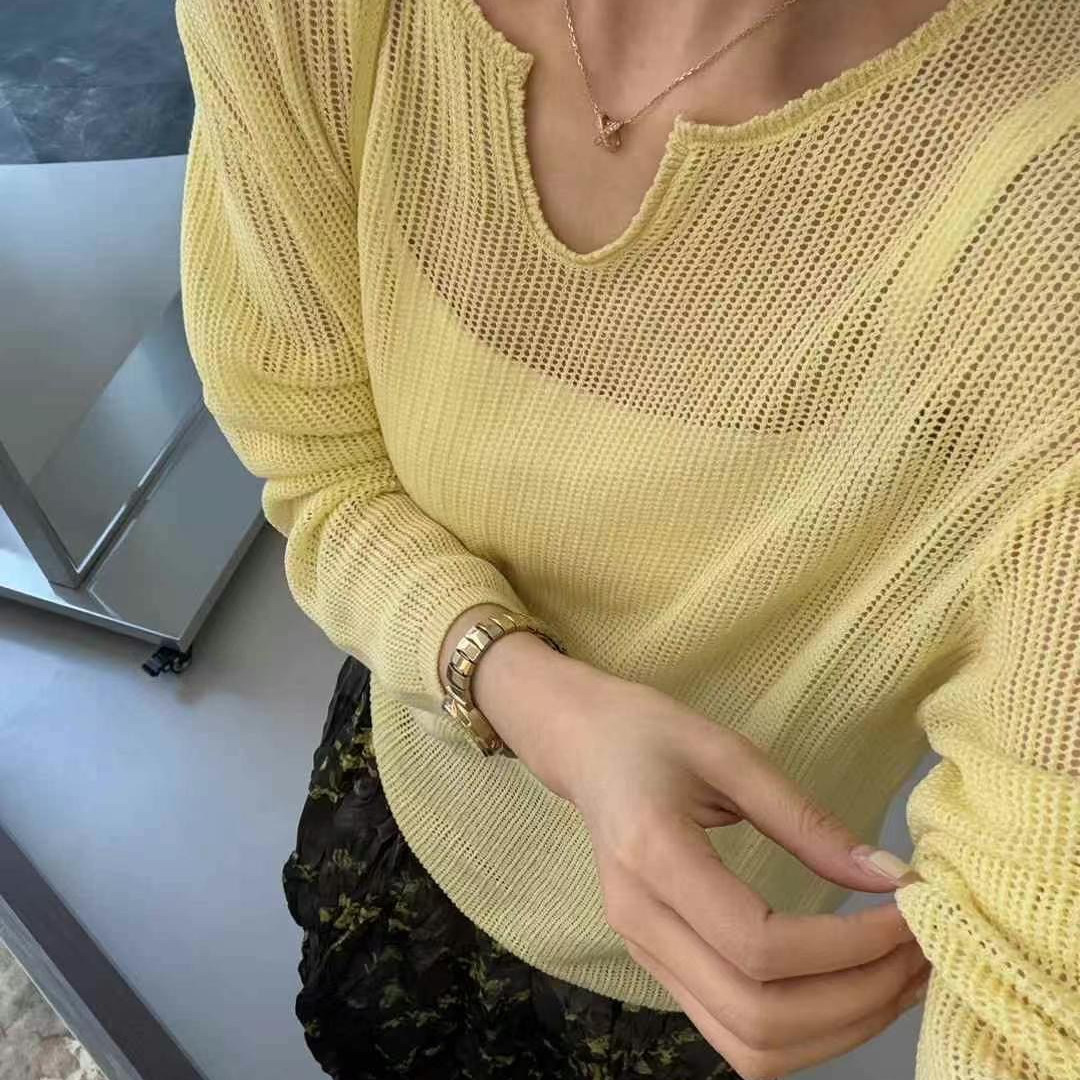 2025春夏女装纯色宽松剪刀领长袖套头冰丝针织衫防晒衣