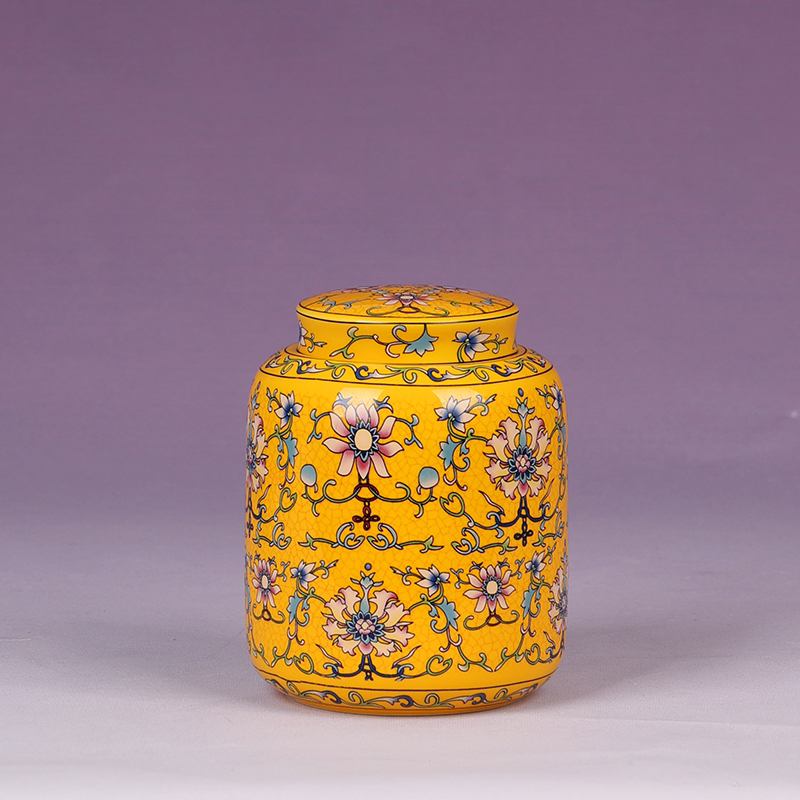 茶具 珐琅彩黄缠枝莲茶叶罐密封罐储物罐-5172