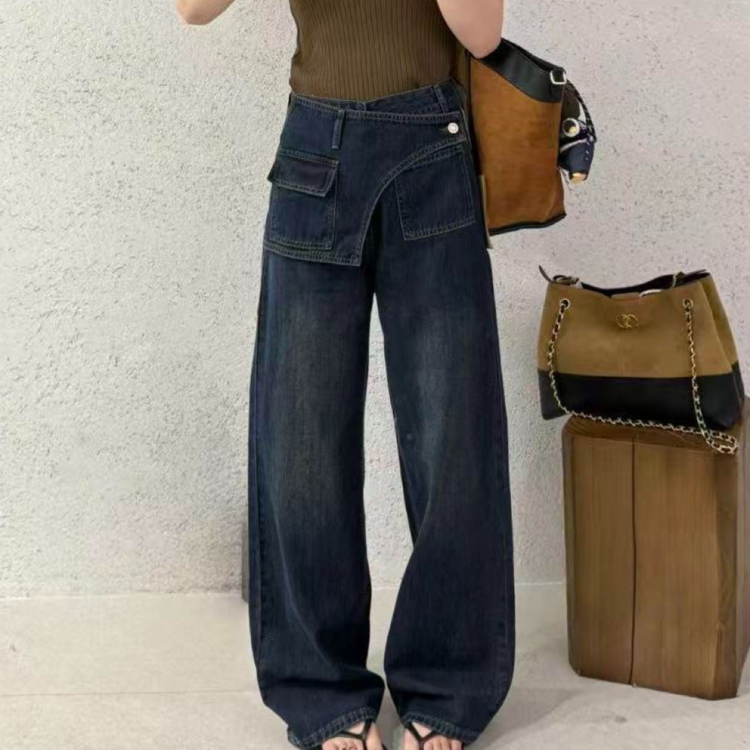 围裙P帘设计感阔腿牛仔裤女高腰直筒休闲裤