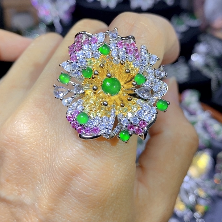 翡翠戒指银S925镶嵌天然翡翠