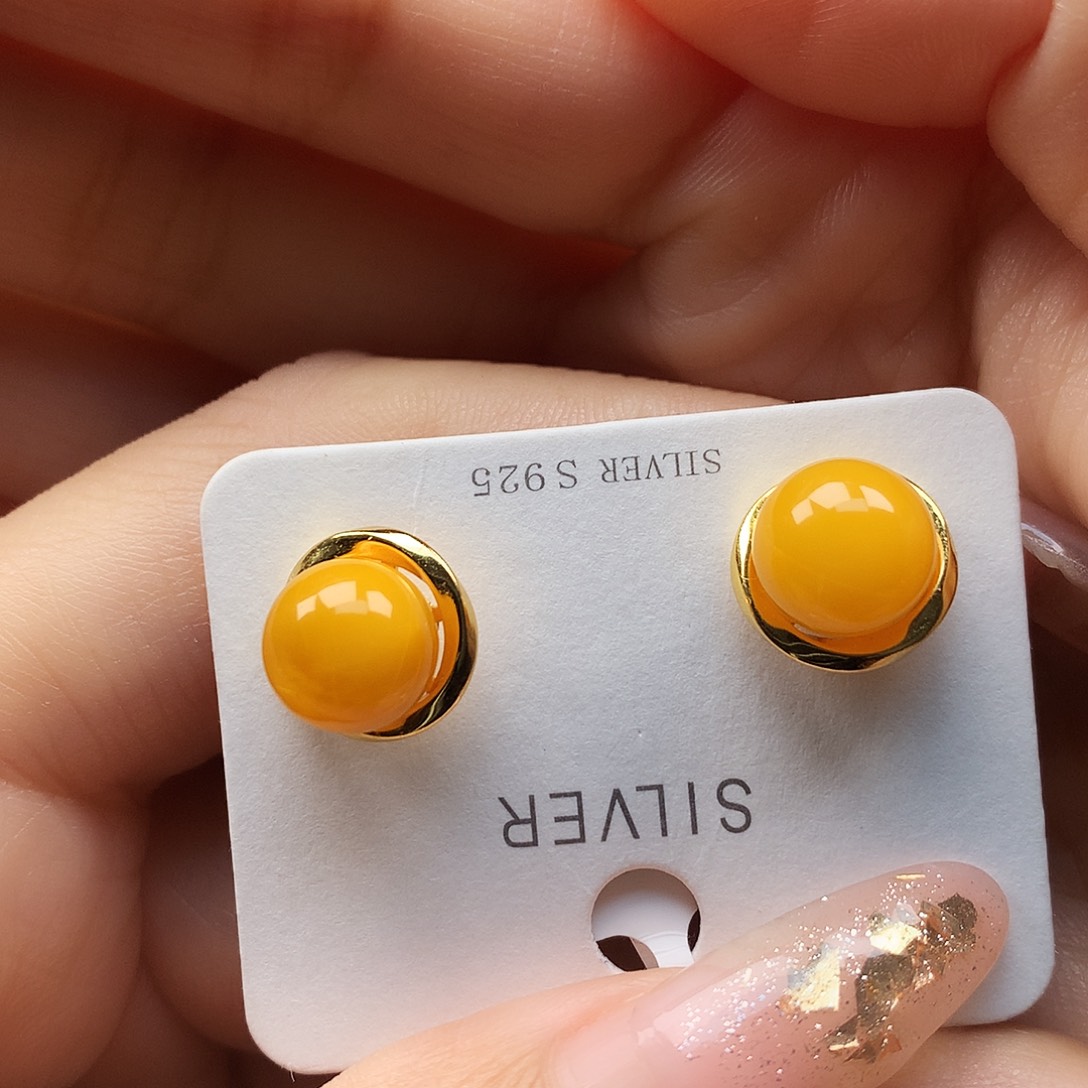 银S925镶嵌蜜蜡耳饰耳钉