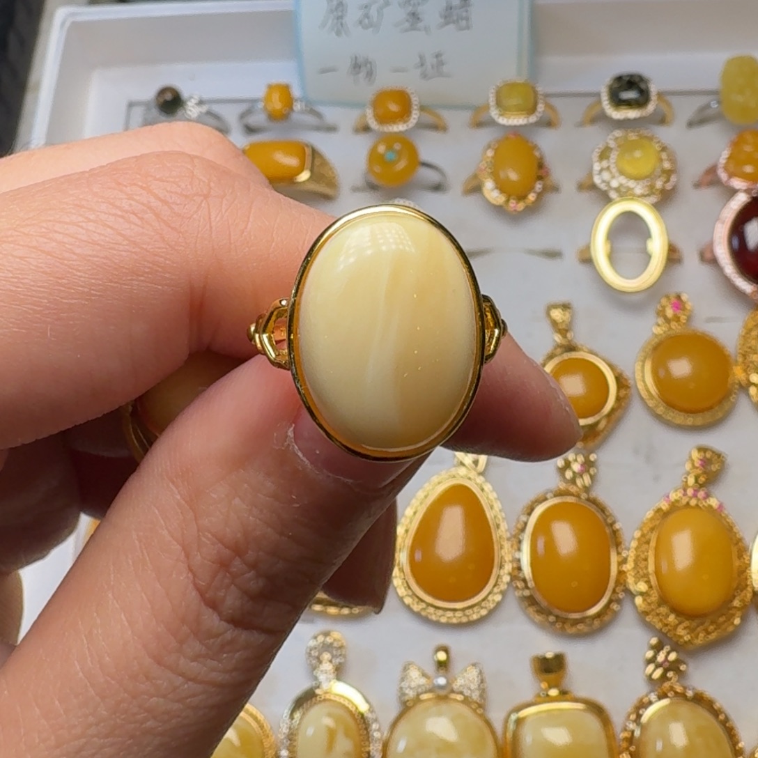 琥珀银S925镀金镶嵌戒指12×16mm白蜡戒指