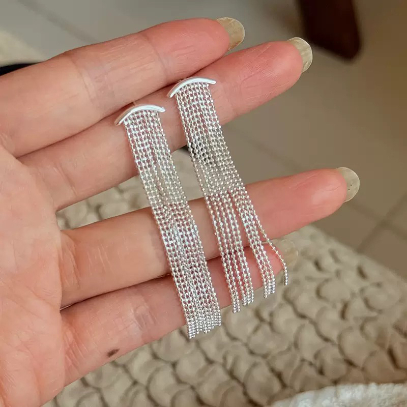 足银耳饰 足银990小圆珠链条长流苏耳钉小众设计气质耳饰