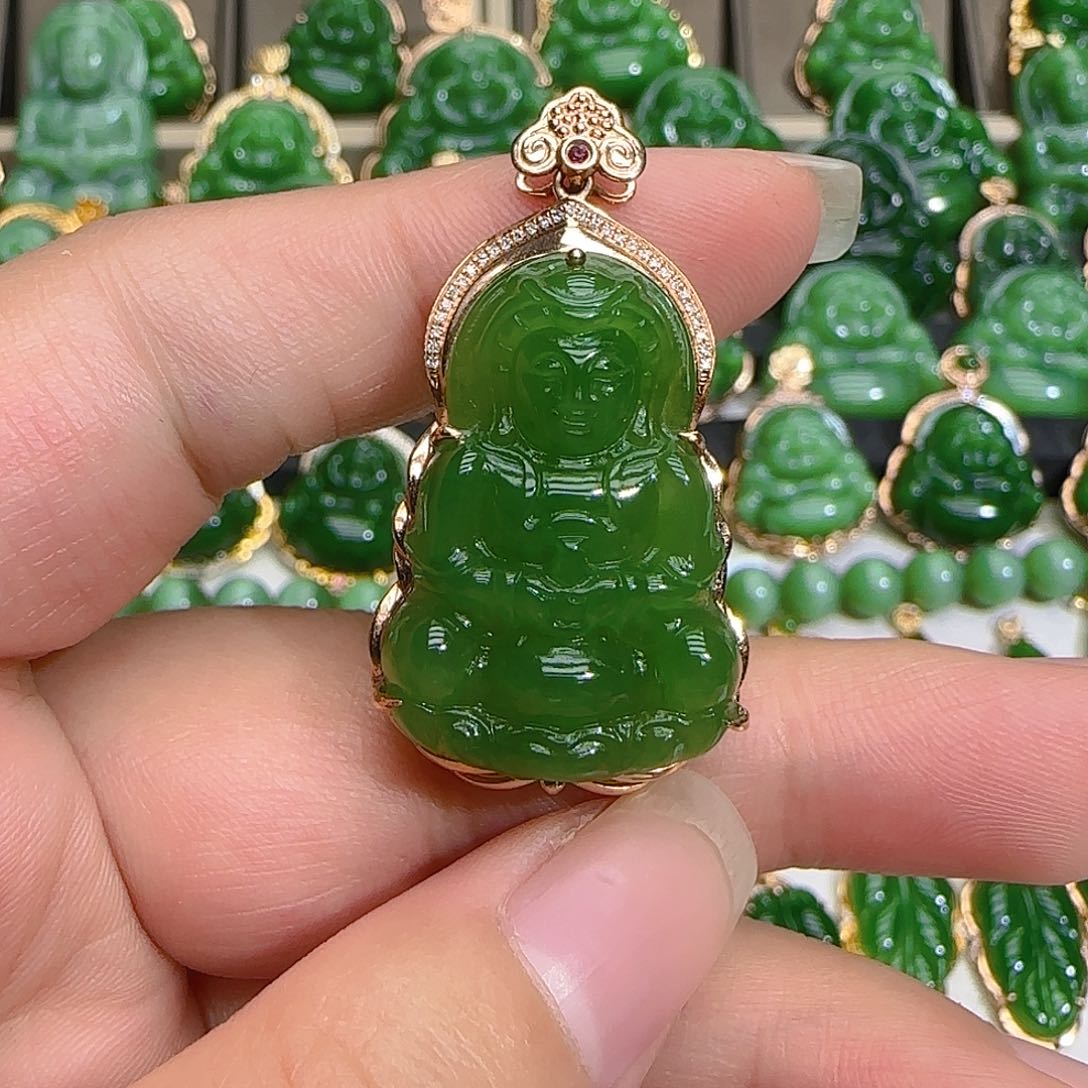 和田玉（碧玉）吊坠(不含链)18K金镶嵌