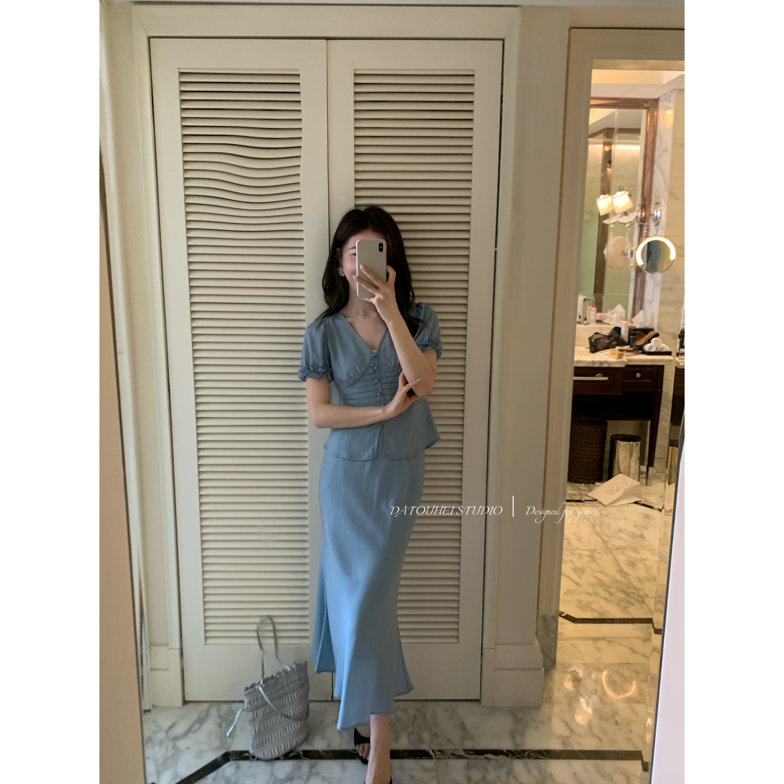 大头黑STUDIO【蓝色风琴】2025女夏优雅小衫半裙套装D225A08991