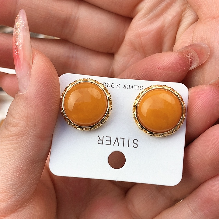 蜜蜡耳饰银S925镶嵌耳饰