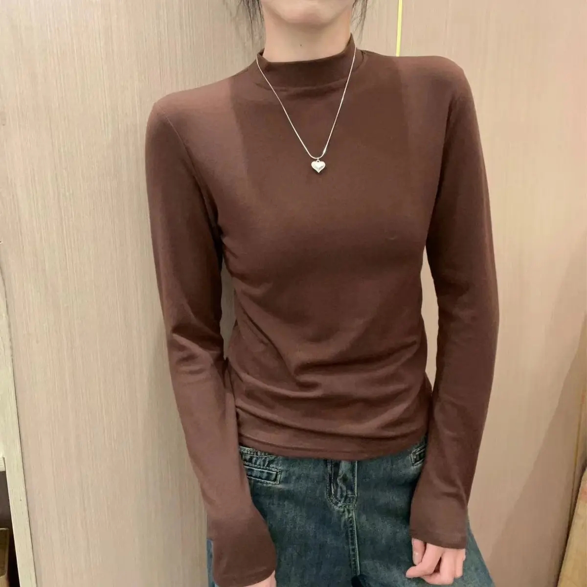 2025秋冬季双面德绒打底衫女士T恤百搭简约半高领长袖上衣保暖衣