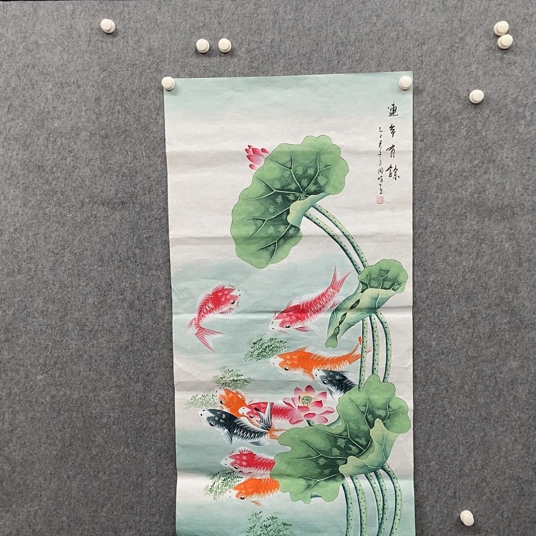 国画四尺工笔九鱼一副