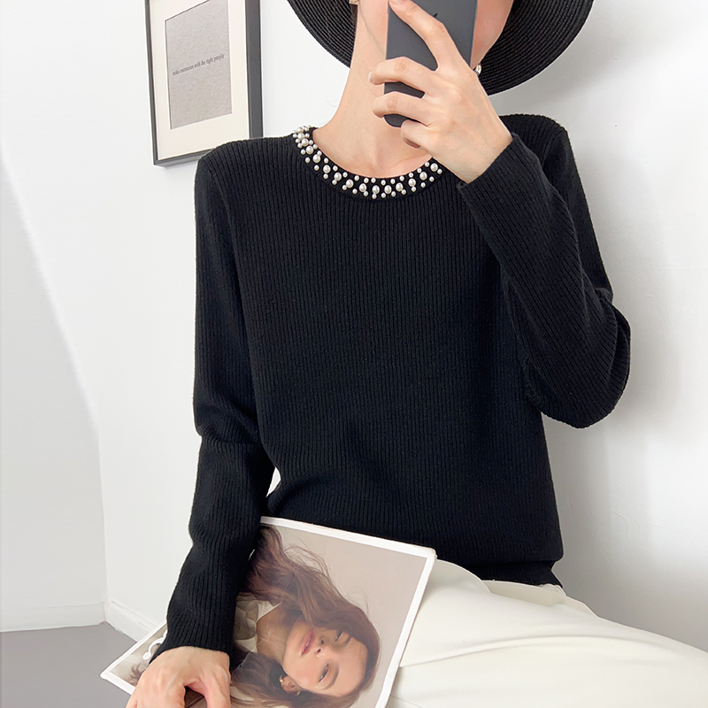 3522大码女装2025秋季新款时尚百搭针织长袖宽松设计感钉珠上衣女
