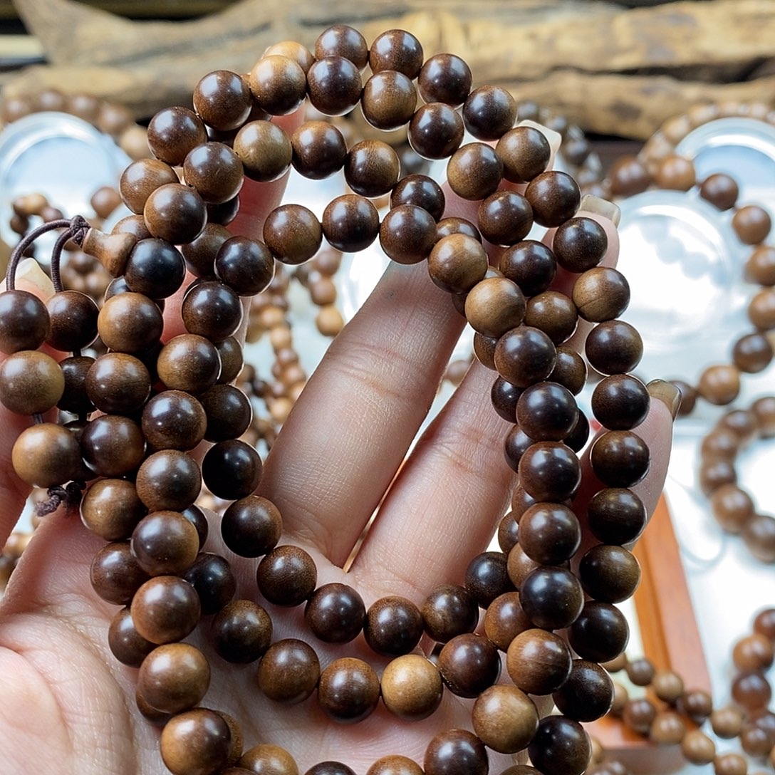 还***好无事牌檀香木全沉水0.8*108印度迈索尔檀香百年