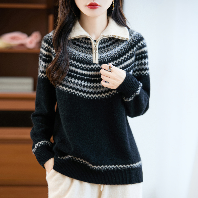 羊毛衫女士半高领拉链加厚套头提花宽松毛衣针织打底衫