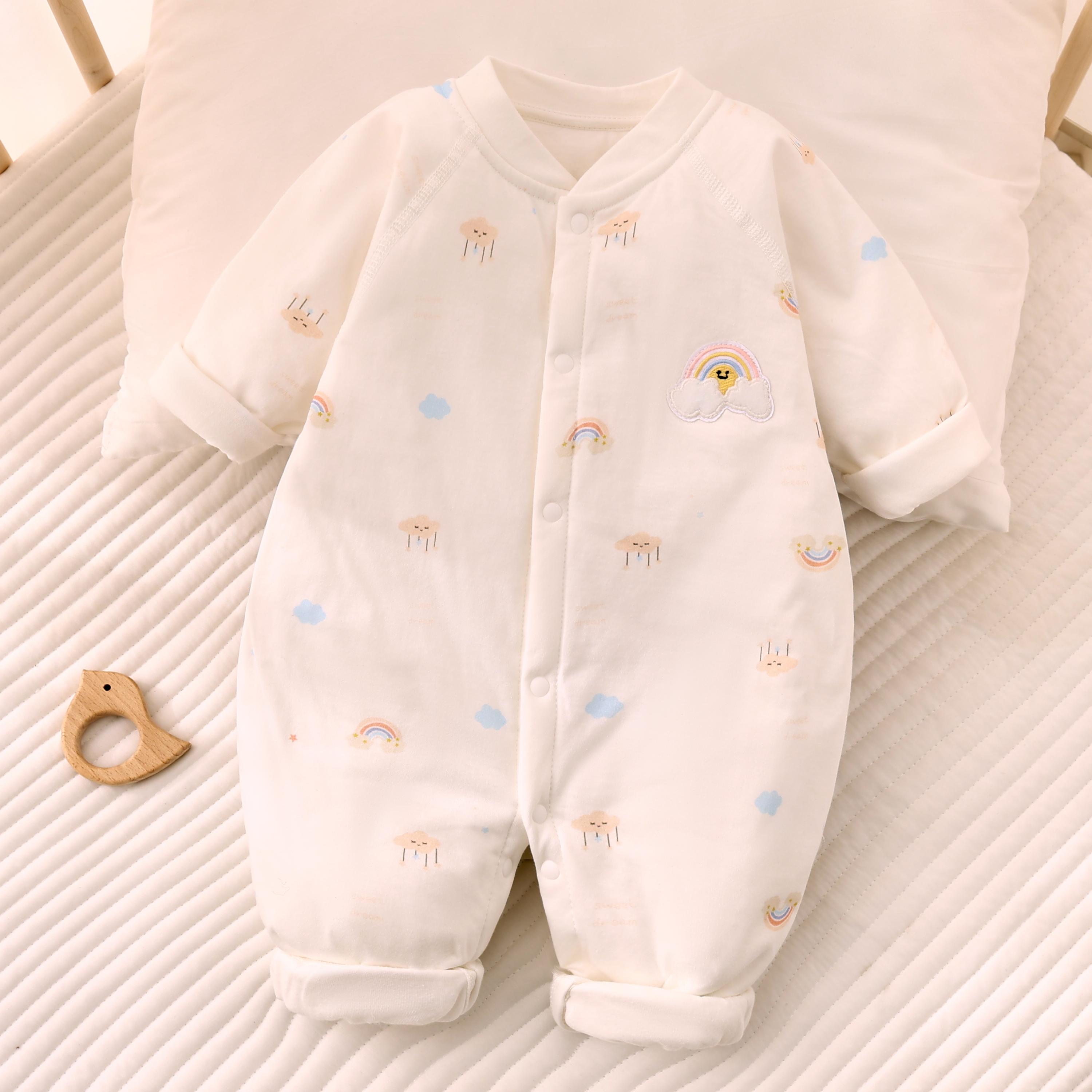 婴儿40克夹棉连体衣薄棉保暖衣秋冬哈衣儿童对门长袖爬服外穿服