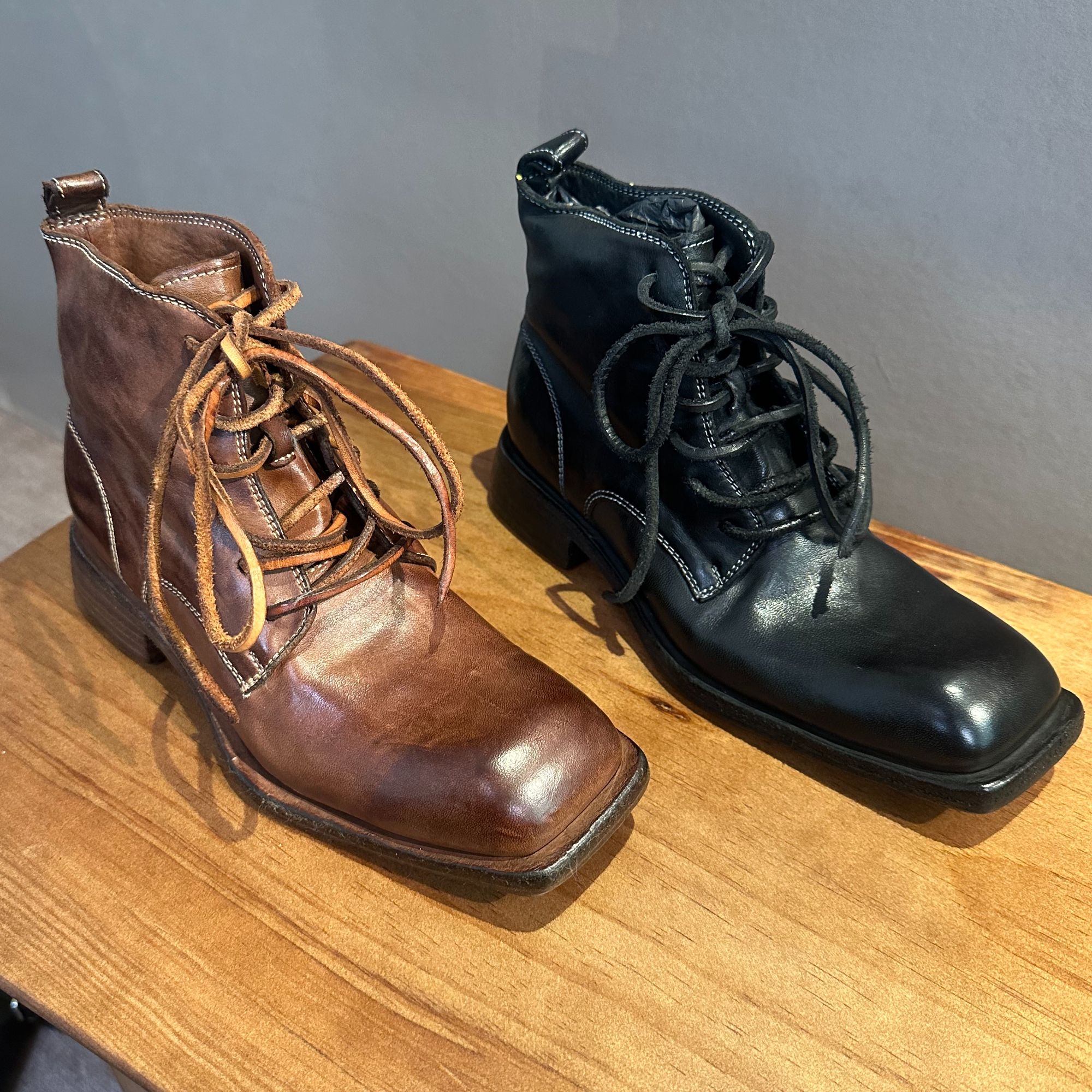 【弄物】1001A-2 水洗马皮靴小方头高级感秋冬季小众纯手工女靴真皮