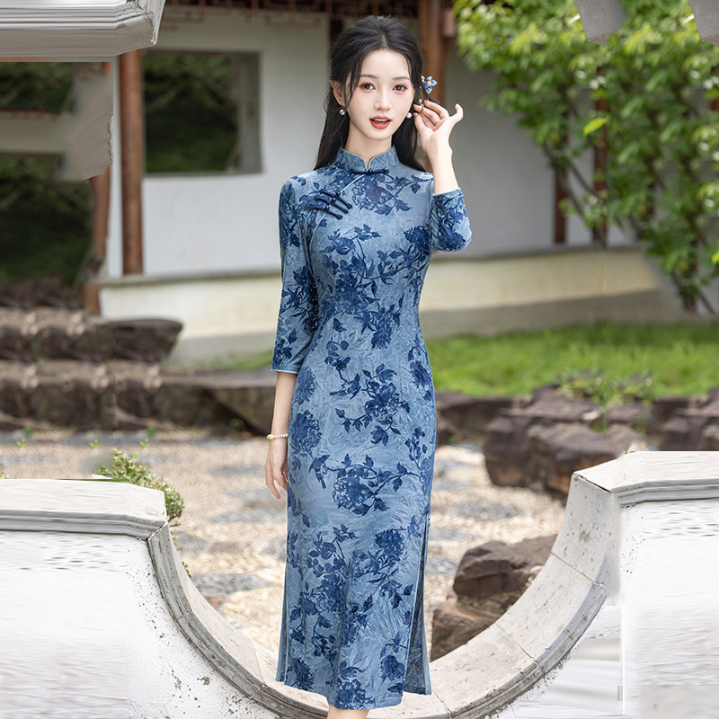 蓝色复古新中式改良无袖旗袍优雅女2025秋季新款日常可穿年轻款