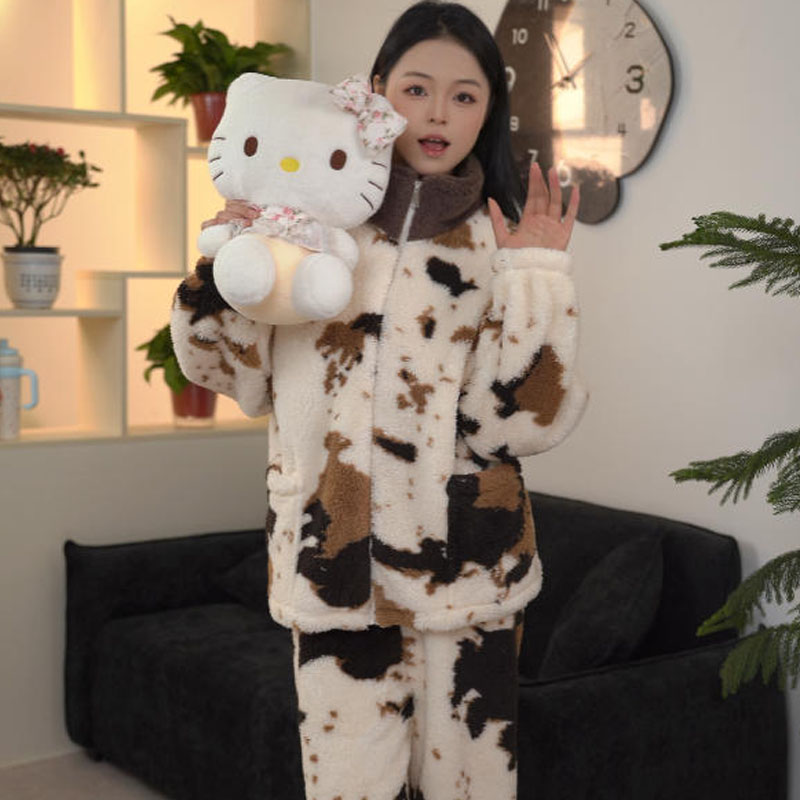 25新款加厚软糯家居服冬天套装条纹连帽半边绒