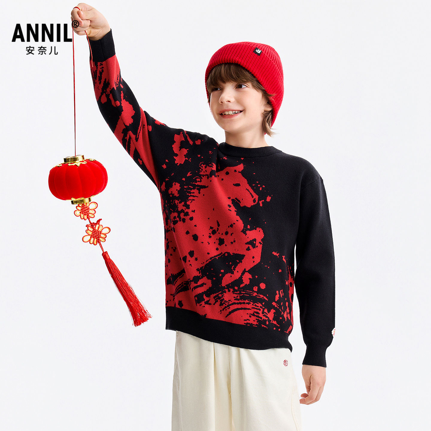 安奈儿童装男童马年生肖款圆领毛衣2026春儿童新年节日喜庆针织衫