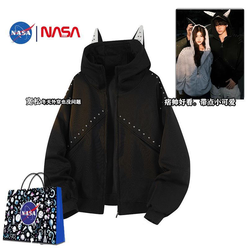 NASA国潮情侣美式重磅拼接铆钉拉链卫衣宽松连帽开衫设计感外套潮