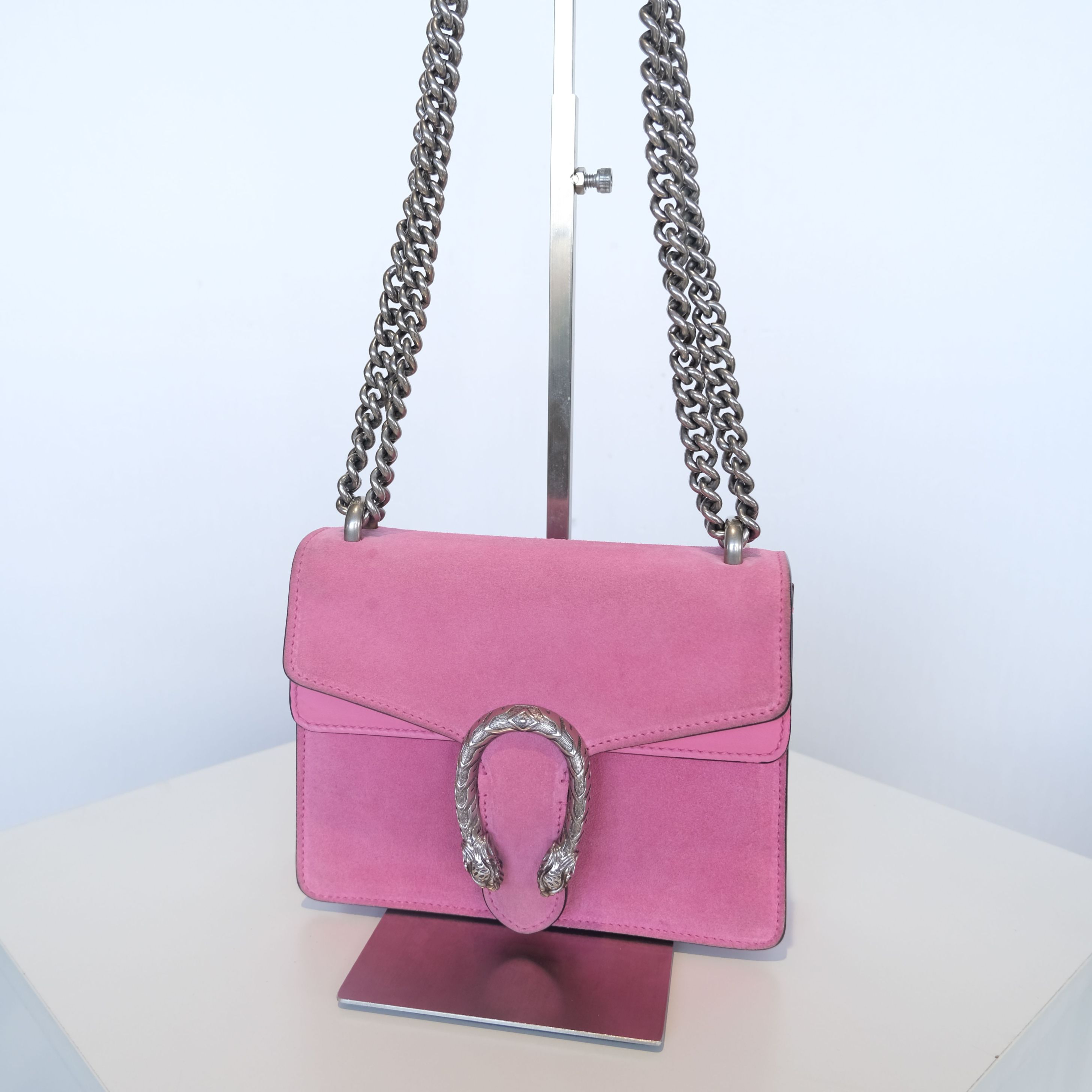 95新 GUCCI/古驰 二手粉色麂皮酒神系列链条斜挎单肩包K18283