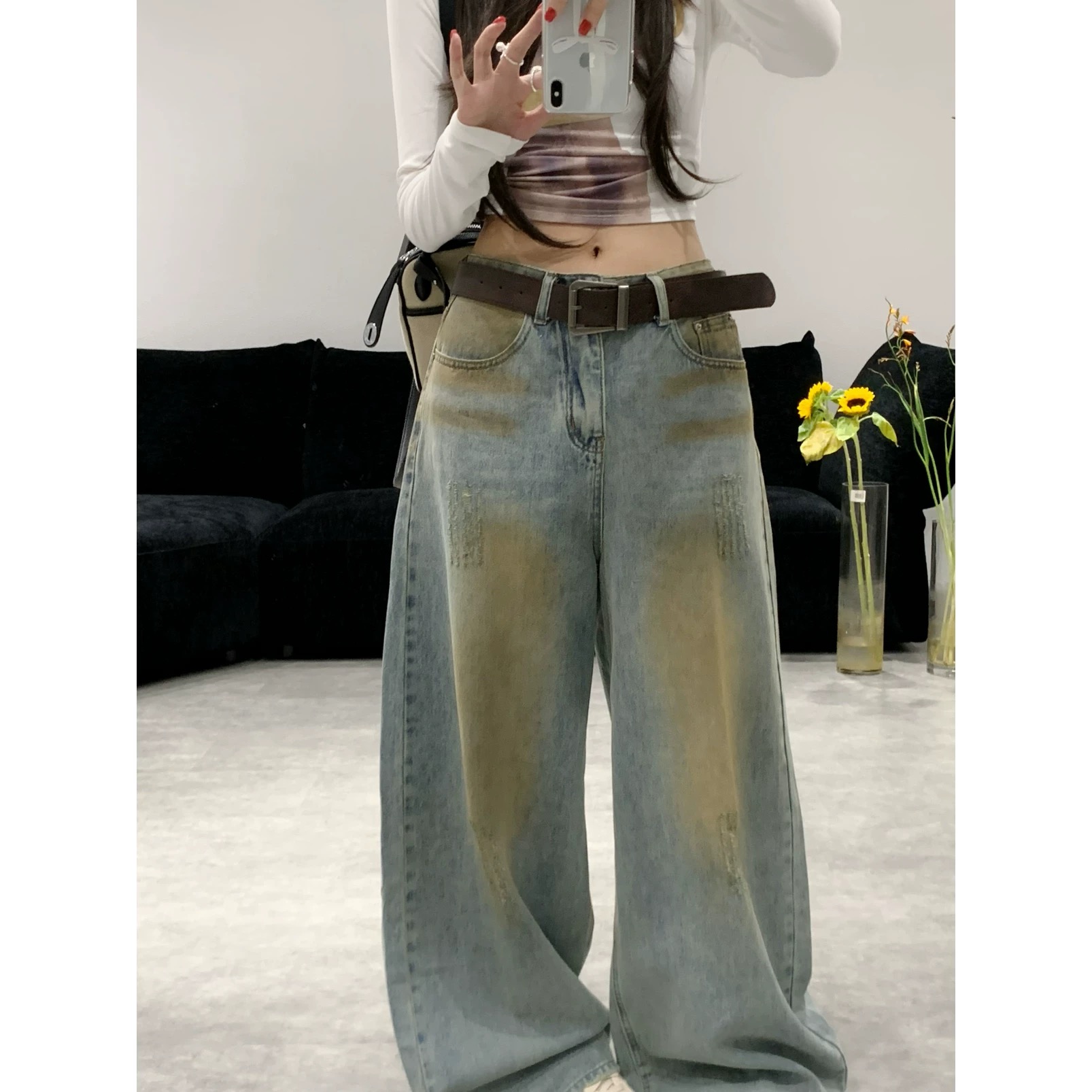 【现货】新款复合绒废土风做旧反季色阔腿牛仔裤