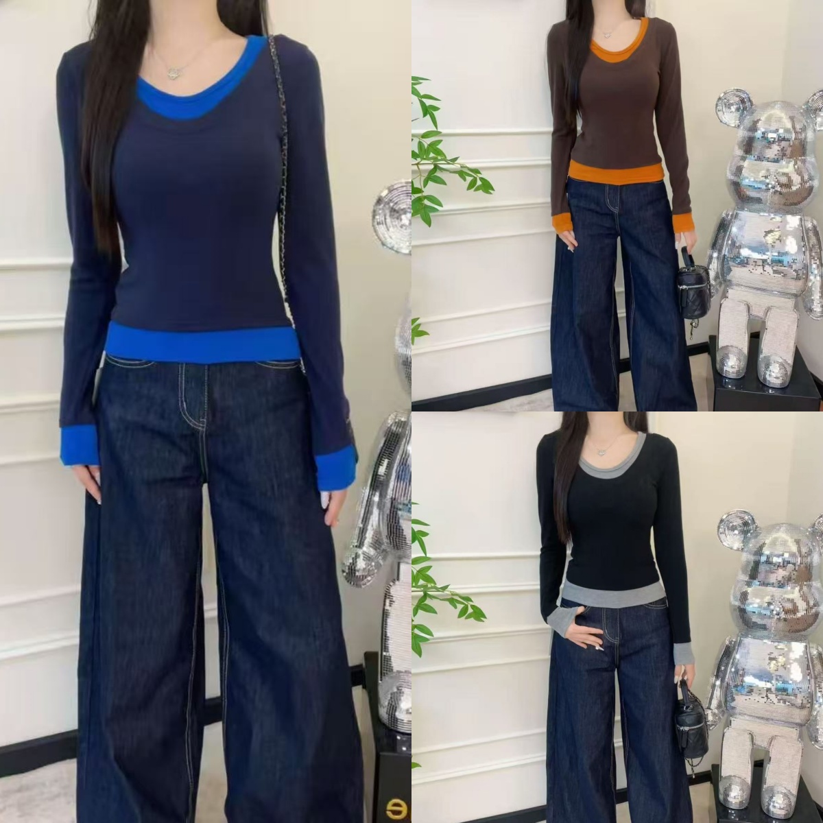 CyberSweet/2025秋冬新款韩系拼色长袖T恤女高级穿搭修身显瘦上衣