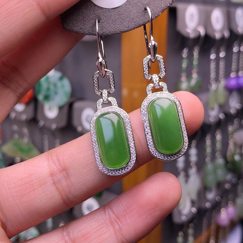 【闪购商品】和田玉耳饰银S925镶嵌张*