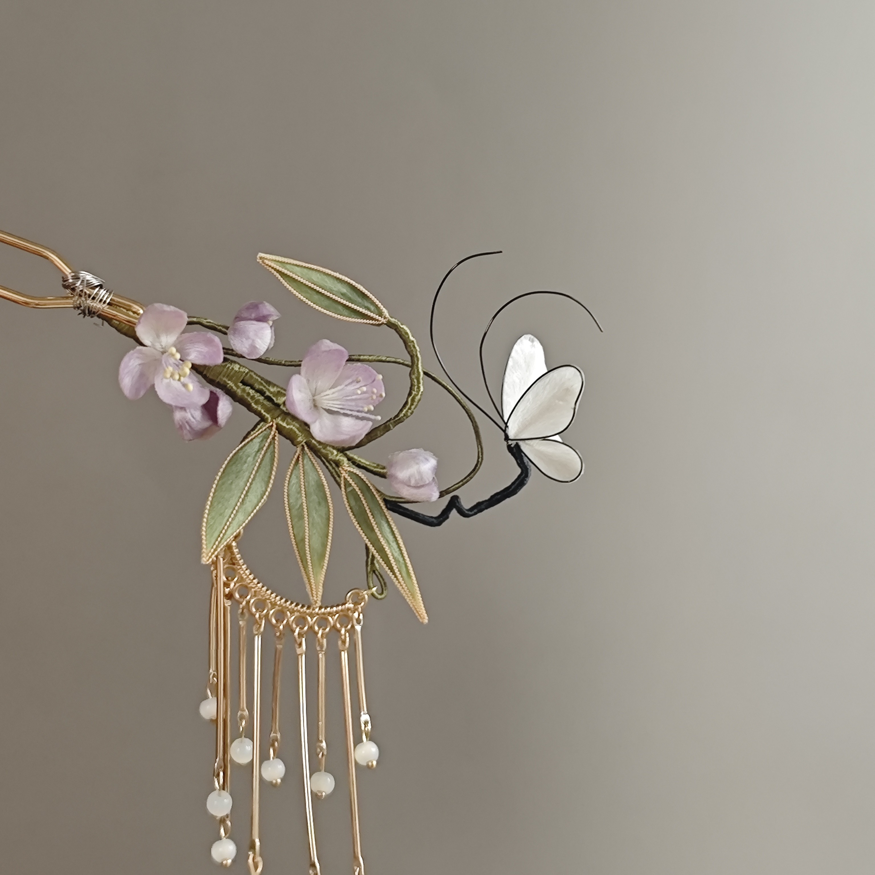 掐丝竹叶茉莉簪，非遗绒花