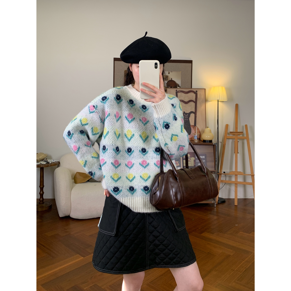 复古花朵提花加厚毛衣女韩版秋冬新款宽松百搭显瘦叠穿针织衫套头