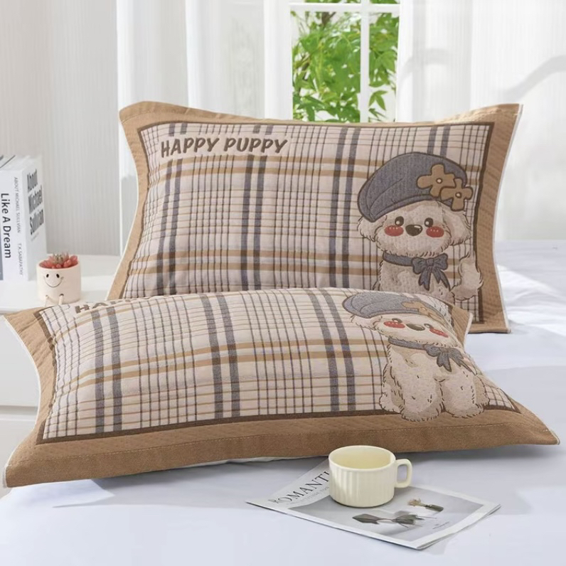 格子一只狗绗缝款枕巾一对装柔软透气简约风盖巾提花可爱52*78cm