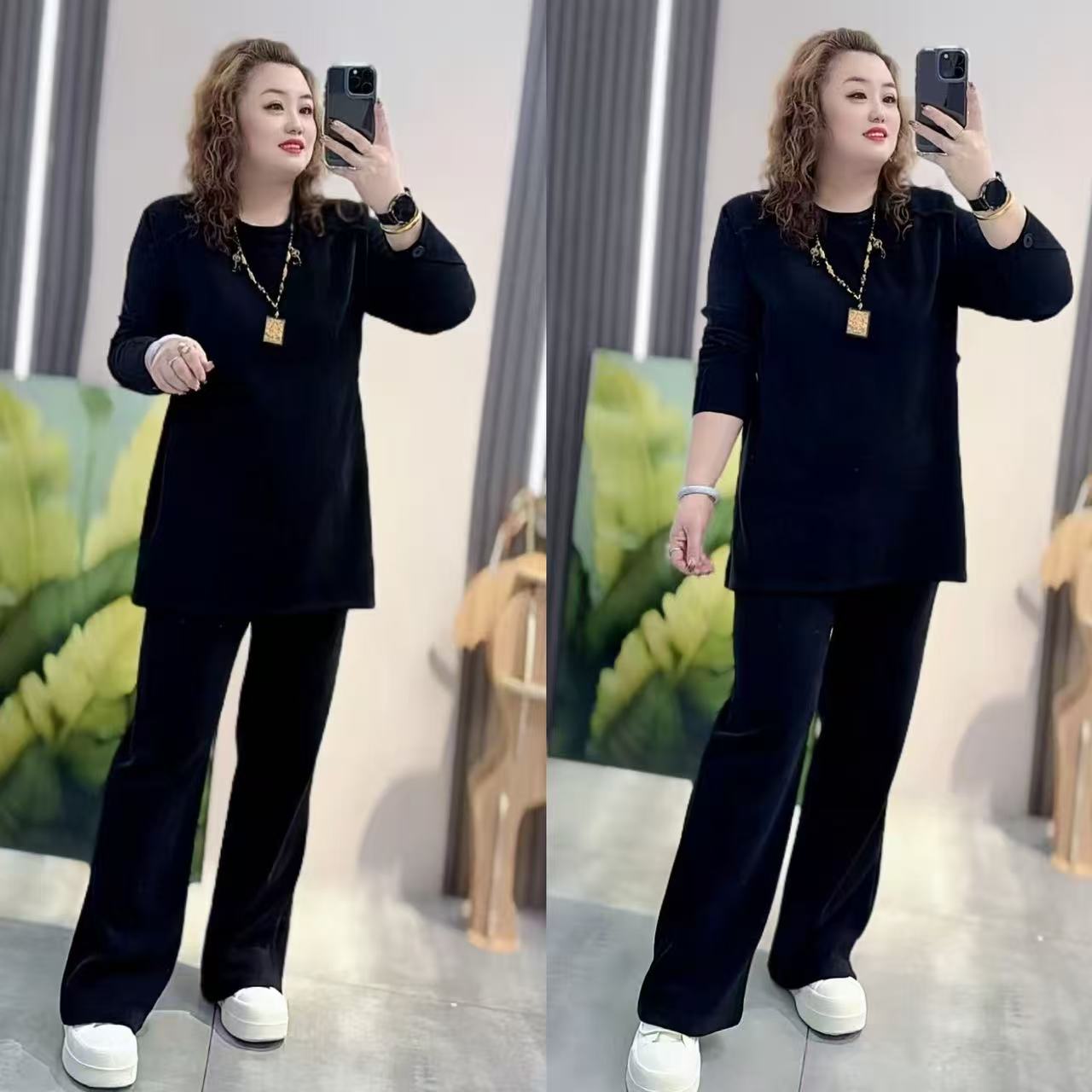 3743（丹姐家）正肩长袖雪尼尔套装遮肚打底衫开叉上衣+裤子两件套