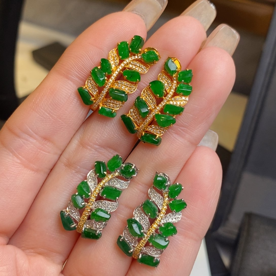 翡翠耳饰18K金镶嵌随形麦穗耳扣 多样性一对发货