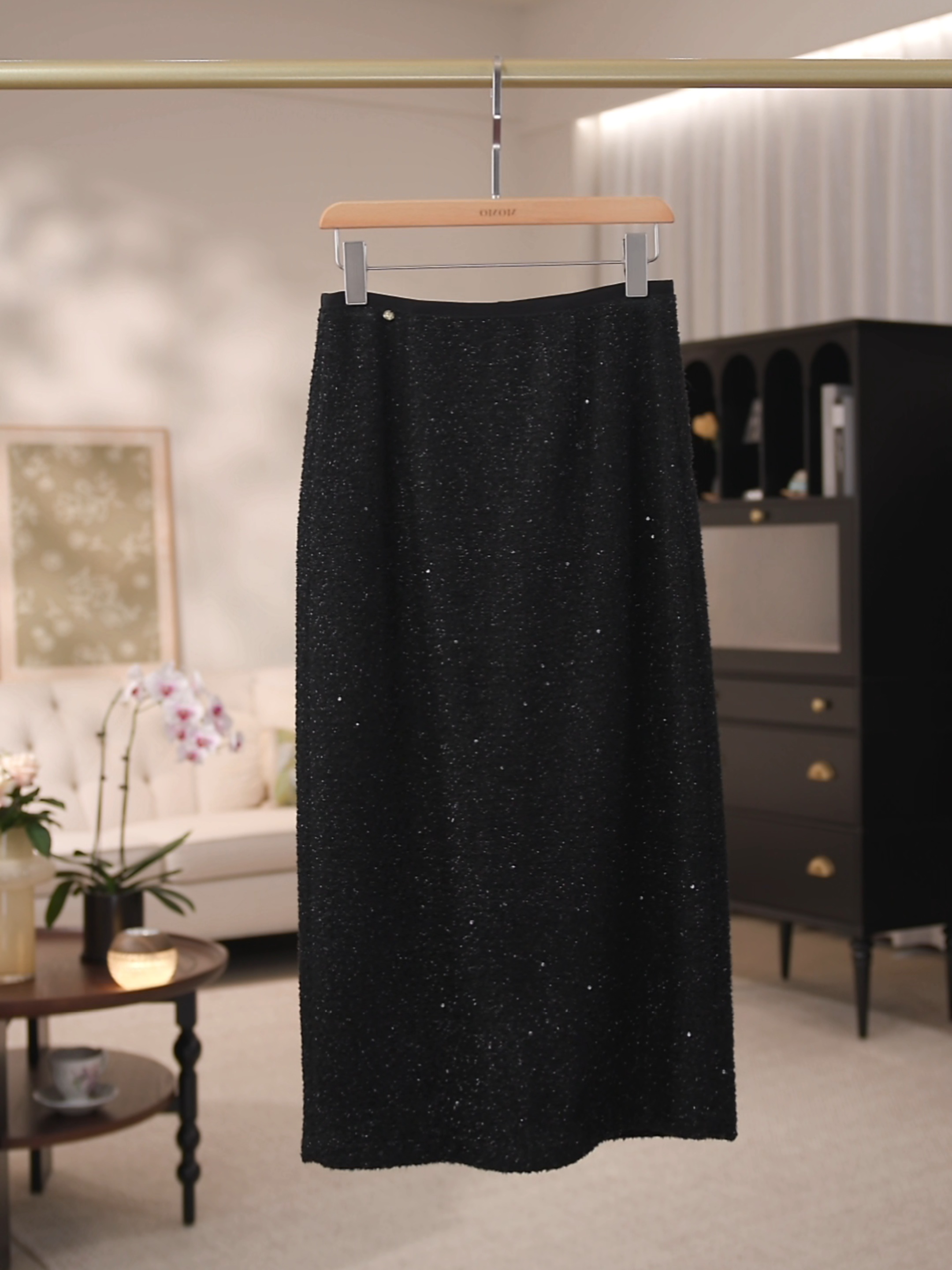 “ 惊艳亮相-星空裙”微弹细闪亮片直筒羊毛混纺半裙