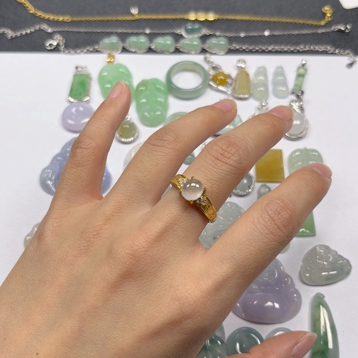 翡翠戒指银S925镶嵌小灯泡蛋面戒指